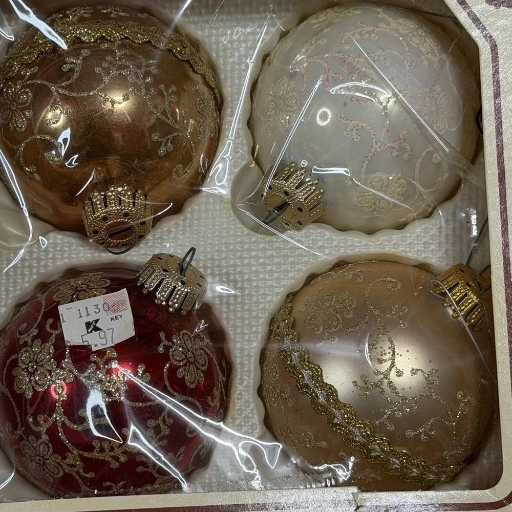 20 Vintage Christmas by Krebs Glass Ornaments Red Gold Cream Glitter Floral Lot